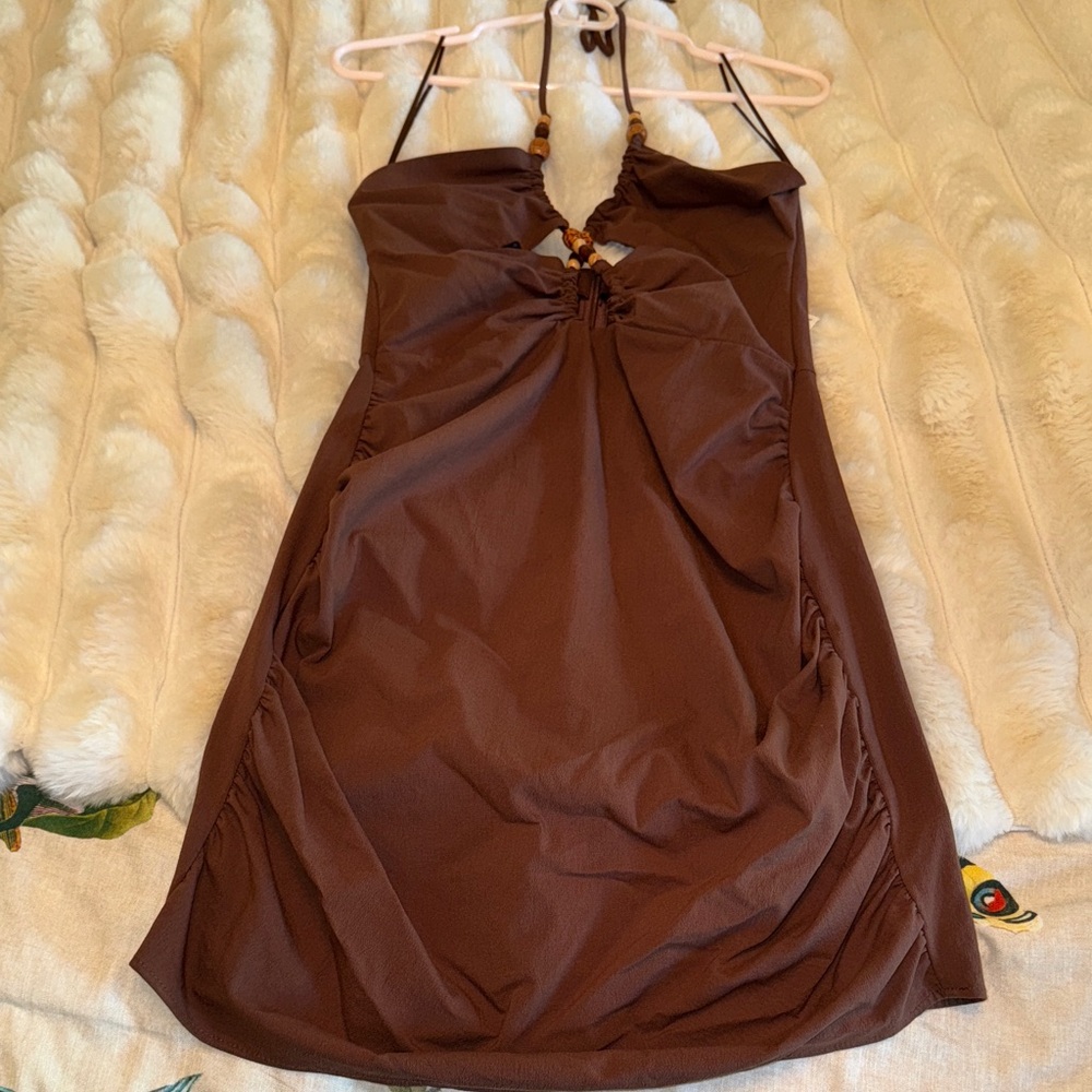 Zara Brown Halter Dress with beaded accents NWT